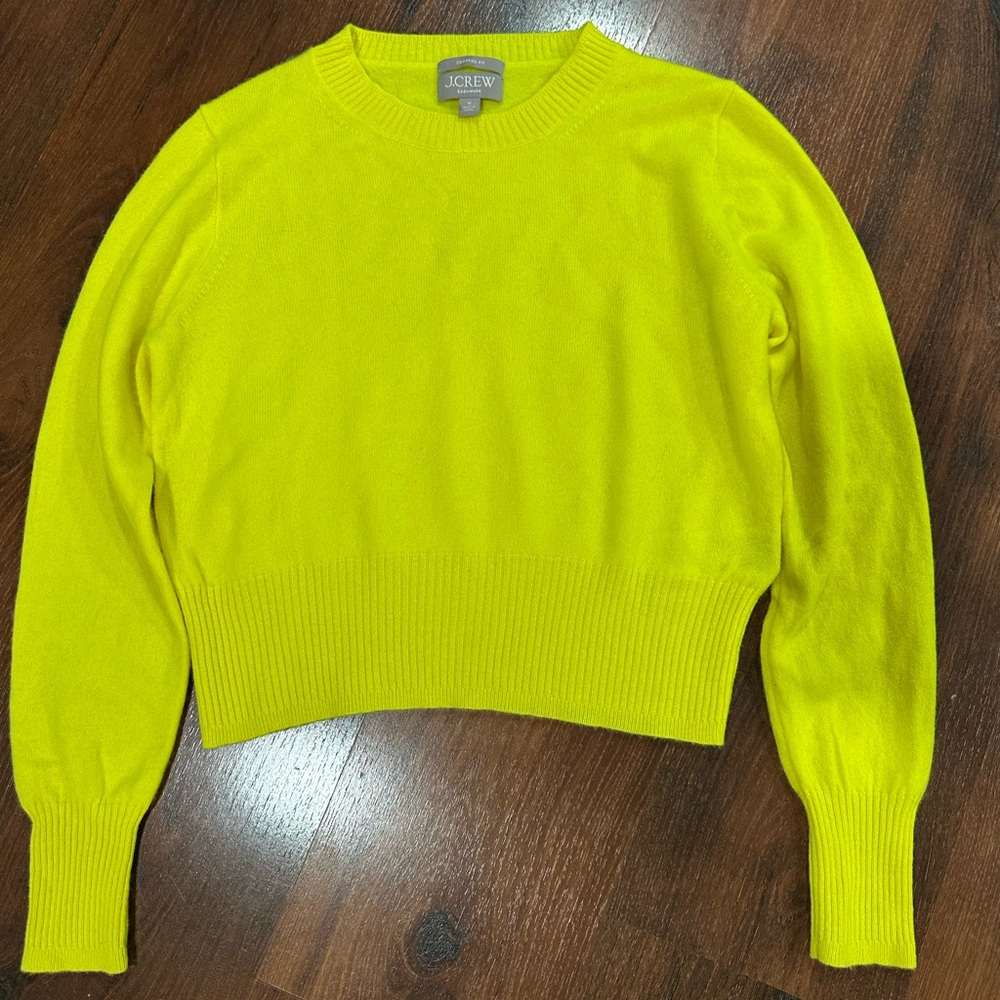J. Crew Cropped 100% cashmere crew-neck sweater Size M Lemon Sorbet color - Picture 8 of 10
